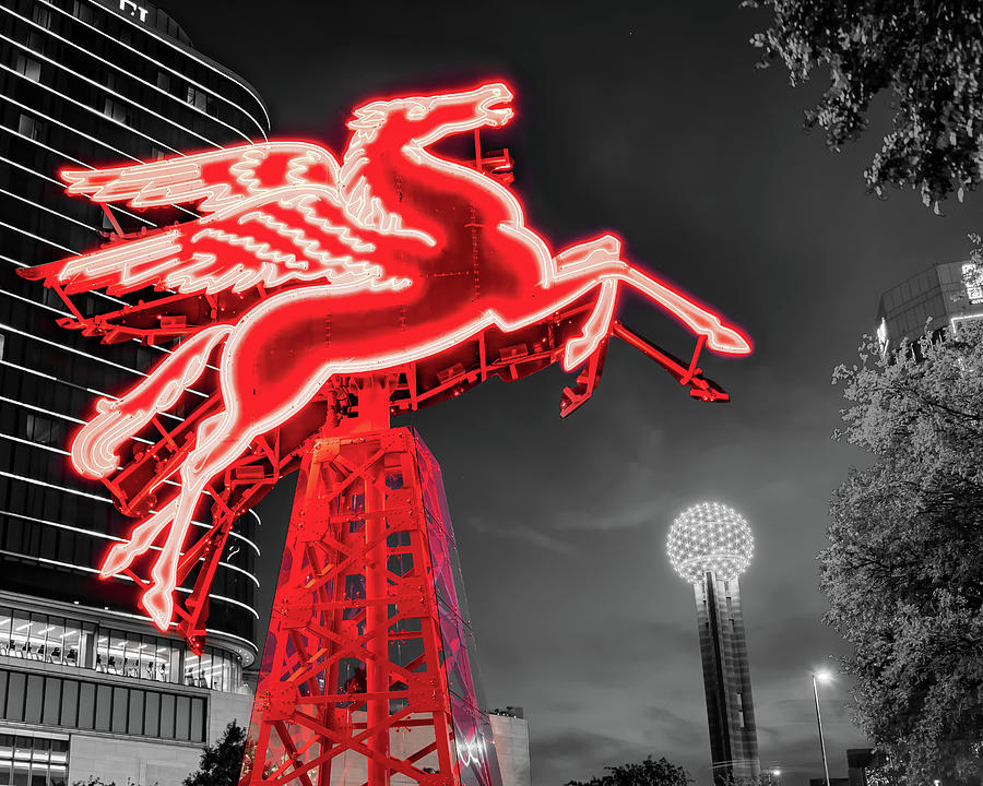 Dallas Skyline Photograph - Dallas Red Pegasus and Reunion Tower - Selective Coloring by Gregory Ballos
