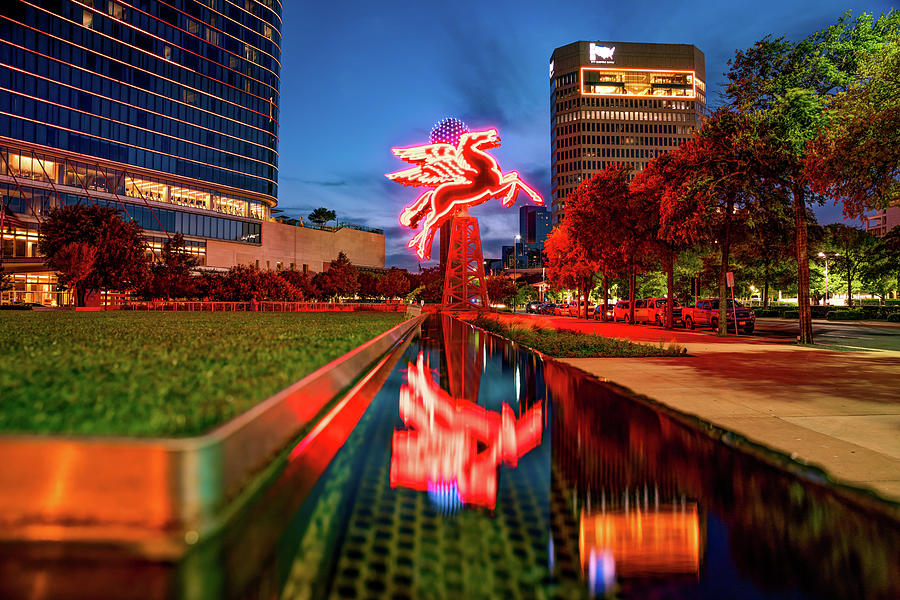 Dallas Red Pegasus Over The Omni Hotel Fountain Photograph by Gregory Ballos