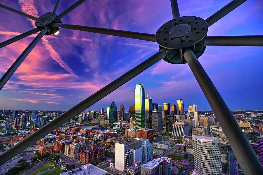Dallas Skyline Photograph - Dallas Skyline and Cityscape Through Reunion Tower at Dusk by Gregory Ballos