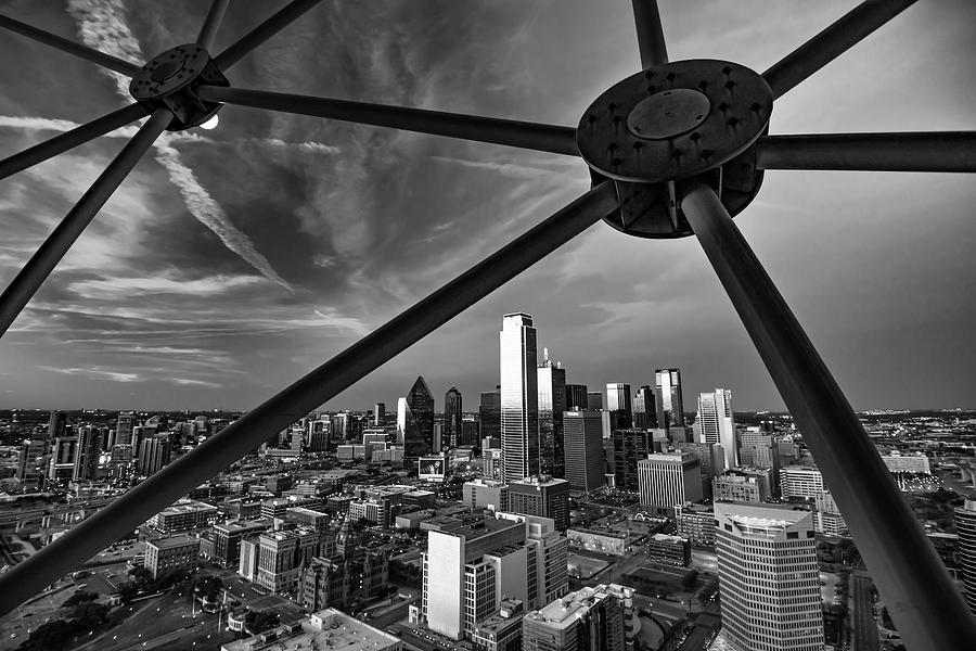Dallas Skyline and Cityscape Through Reunion Tower in Black and White Photograph by Gregory Ballos