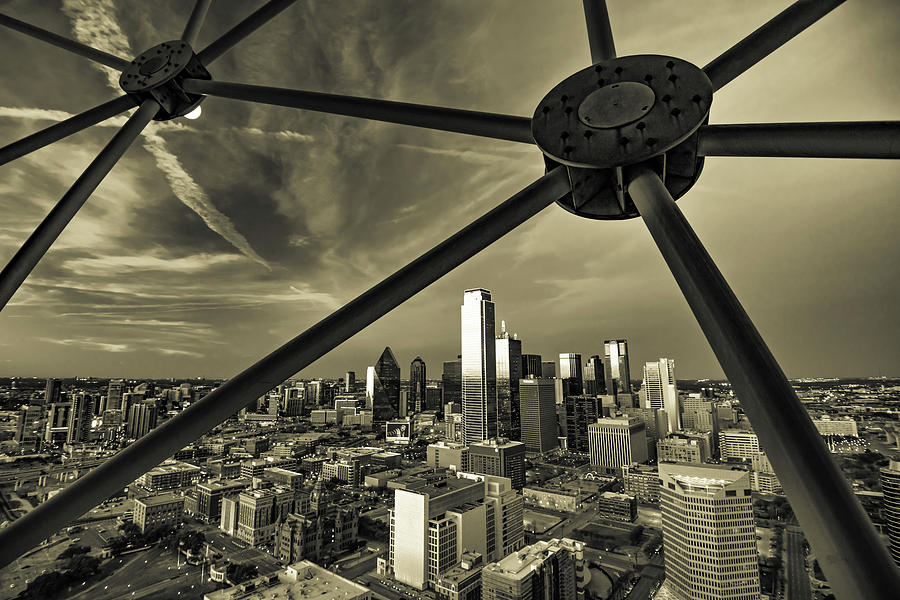 Dallas Skyline and Cityscape Through Reunion Tower in Sepia Photograph by Gregory Ballos