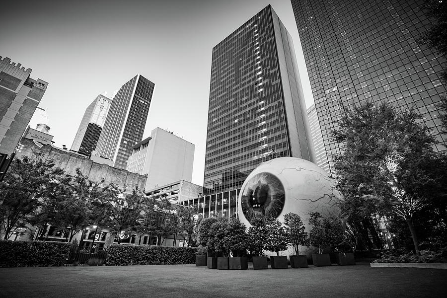 Black And White Photograph - Dallas Skyline And Giant Eyeball - Black And White by Gregory Ballos
