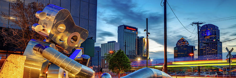Dallas Skyline and Traveling Man Waiting on A Train Panorama Photograph by Gregory Ballos