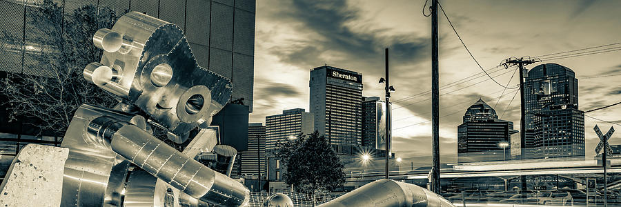 Dallas Skyline and Traveling Man Waiting on A Train Panorama - Sepia Photograph by Gregory Ballos