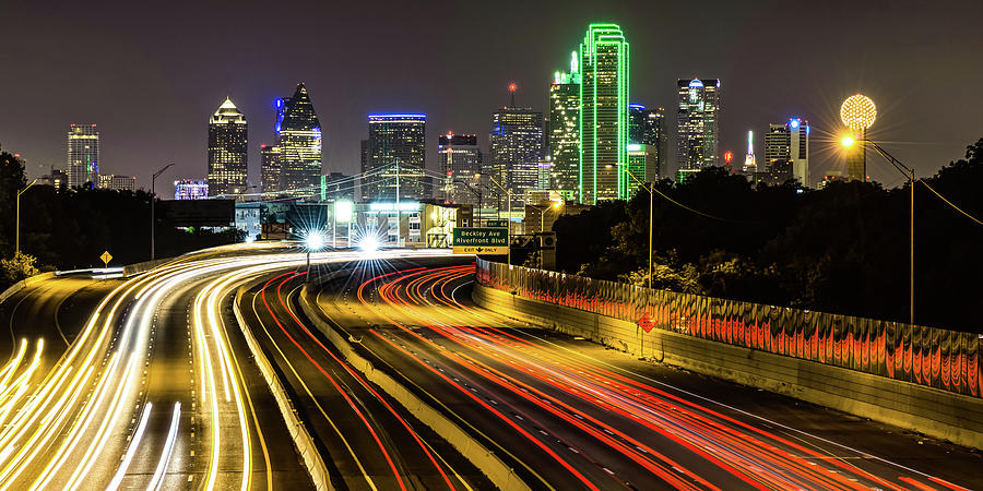 Dallas Skyline Light Trail Panorama at Night Photograph by Gregory ...