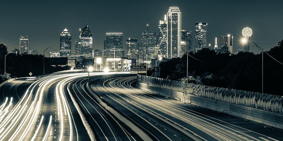 Dallas Skyline Light Trail Panorama in Sepia Monochrome Photograph by Gregory Ballos