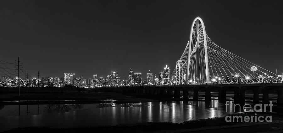 Dallas Skyline Night Pano Grayscale Photograph by Jennifer White