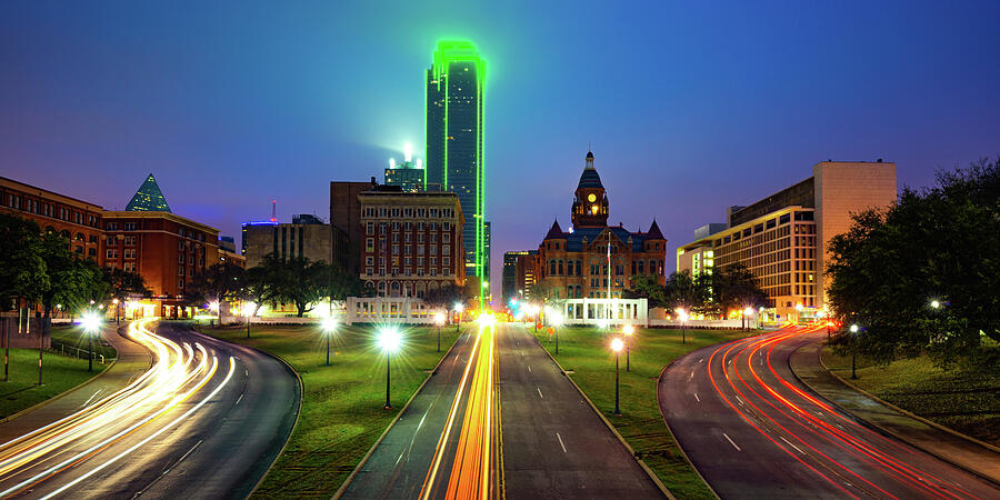 Dallas Skyline Through Dealey Plaza at Dawn Panorama Photograph by Gregory Ballos
