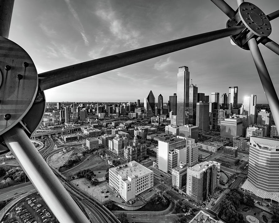 Dallas Skyline Through Reunion Tower at Sunset - BW Grayscale Photograph by Gregory Ballos