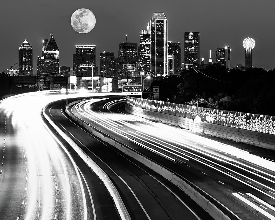 Dallas Supermoon Skyline - Black and White Photograph by Gregory Ballos