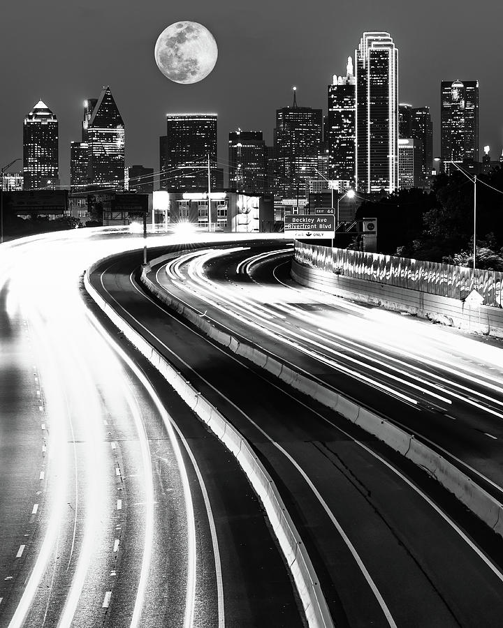 Dallas Texas City Skyline Under Full Moonlight - Black and White Photograph by Gregory Ballos