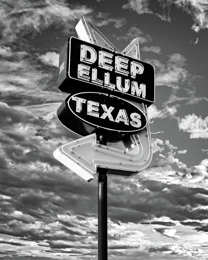 Black And White Photograph - Dallas Texas Deep Ellum Neon Arrow Sign in BW Monochrome by Gregory Ballos