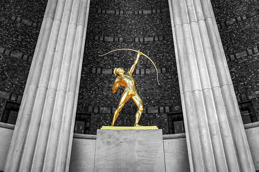 Black And White Photograph - Dallas Texas Hall of State Golden Archer In Selective Color by Gregory Ballos