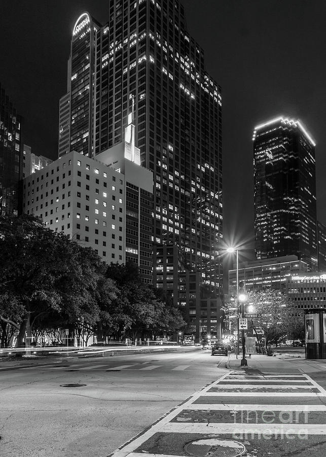 Dallas Texas Harwood Street Night Grayscale Photograph by Jennifer White
