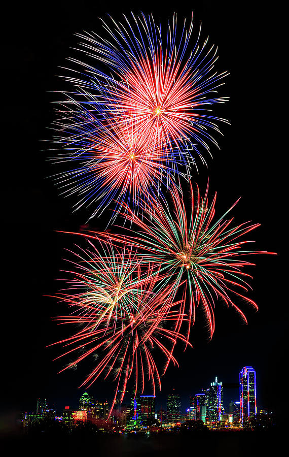 Dallas Texas July 4th fireworks celebration over the city skyline