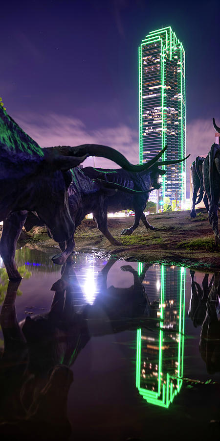 America Photograph - Dallas Texas Longhorn Cattle Drive Colorful Panorama by Gregory Ballos