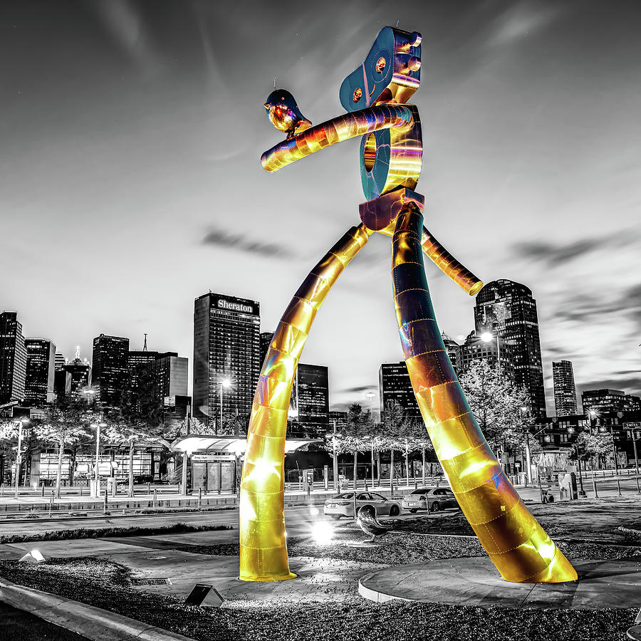 Dallas Texas Monochrome Skyline and Golden Traveling Man Photograph by Gregory Ballos