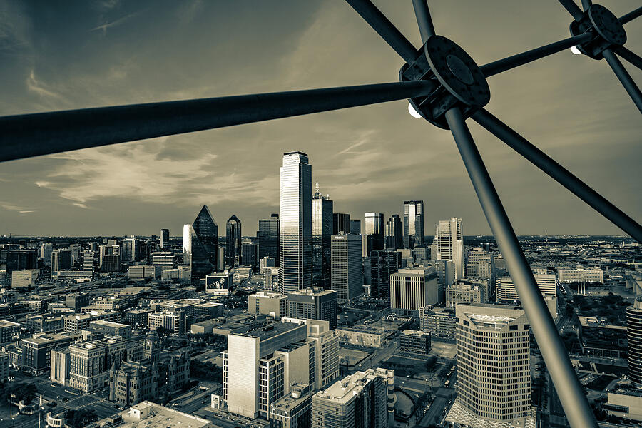 Dallas Texas Skyline From Reunion Tower - Sepia Monochrome Photograph by Gregory Ballos