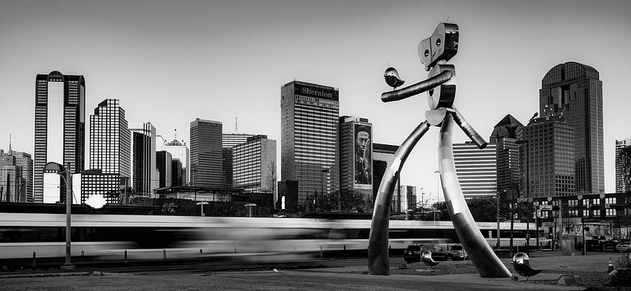 Dallas Texas Skyline Panorama And Traveling Man In Black And White Photograph