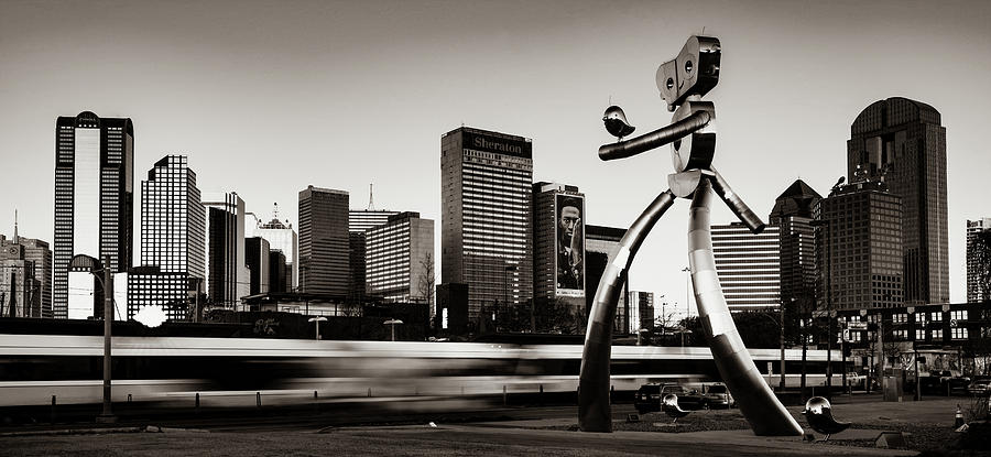 Dallas Texas Skyline Panorama And Traveling Man In Sepia Photograph