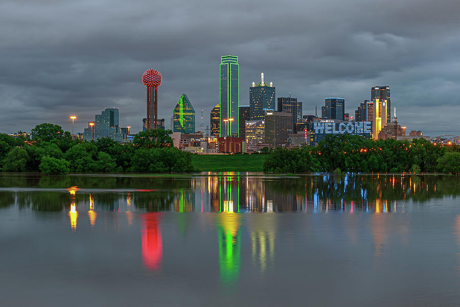 Dallas Texas skyline with a nice reflections and a red Reunion Tower ...