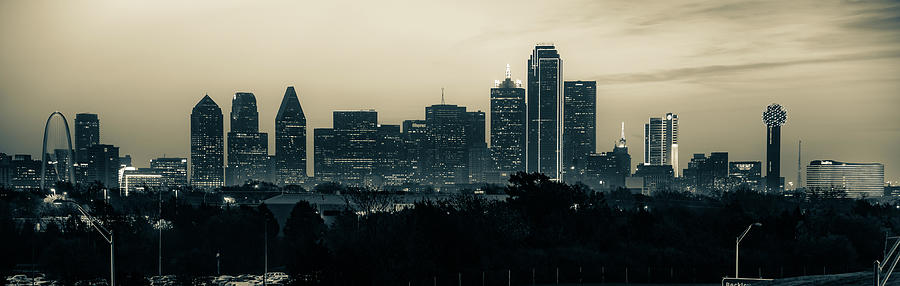 Dallas Texas Skyscraper Skyline Wide Angle Panorama - Sepia Edition Photograph by Gregory Ballos