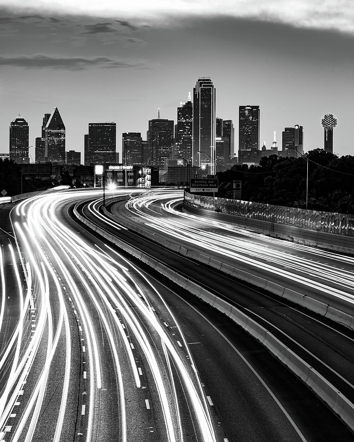 Dallas Texas Skyscrapers and Light Trails - Black and White Photograph by Gregory Ballos