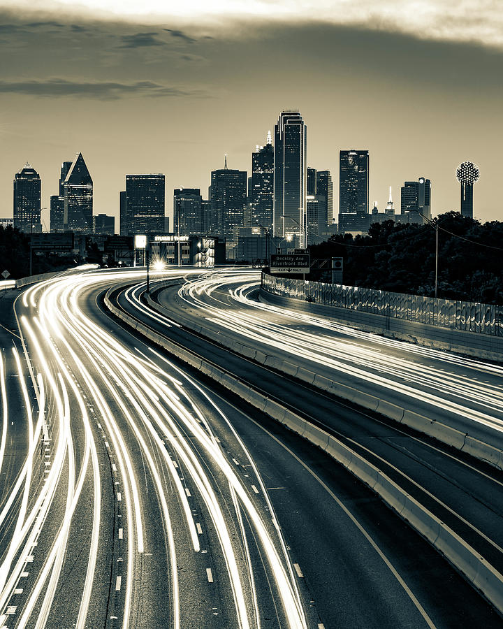 Dallas Texas Skyscrapers and Light Trails in Sepia Photograph by Gregory Ballos