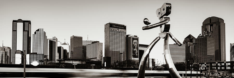 Dallas Texas Traveling Man and City Skyline Sepia Panorama Photograph by Gregory Ballos