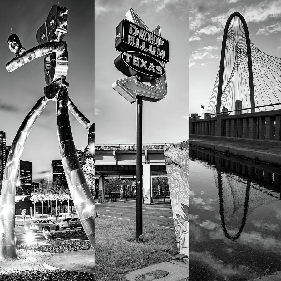Dallas Skyline Photograph - Dallas Traveling Man - Deep Ellum Texas Neon - Margaret Hunt Hill Bridge in Black and White by Gregory Ballos