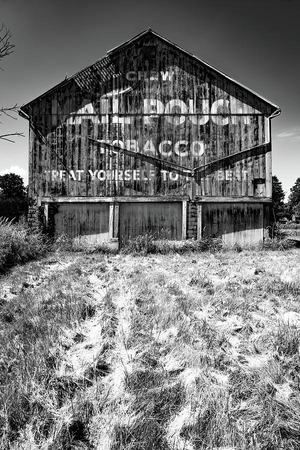 Black And White Photograph - Dalton Ohio Vintage Mail Pouch Tobacco Barn - Black and White by Gregory Ballos