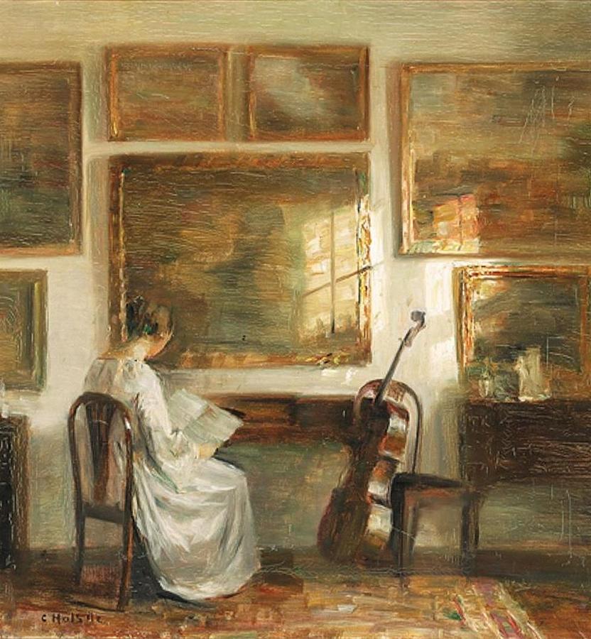 Dame am Tisch mit einem Cello Woman at a table near a cello Painting by ...