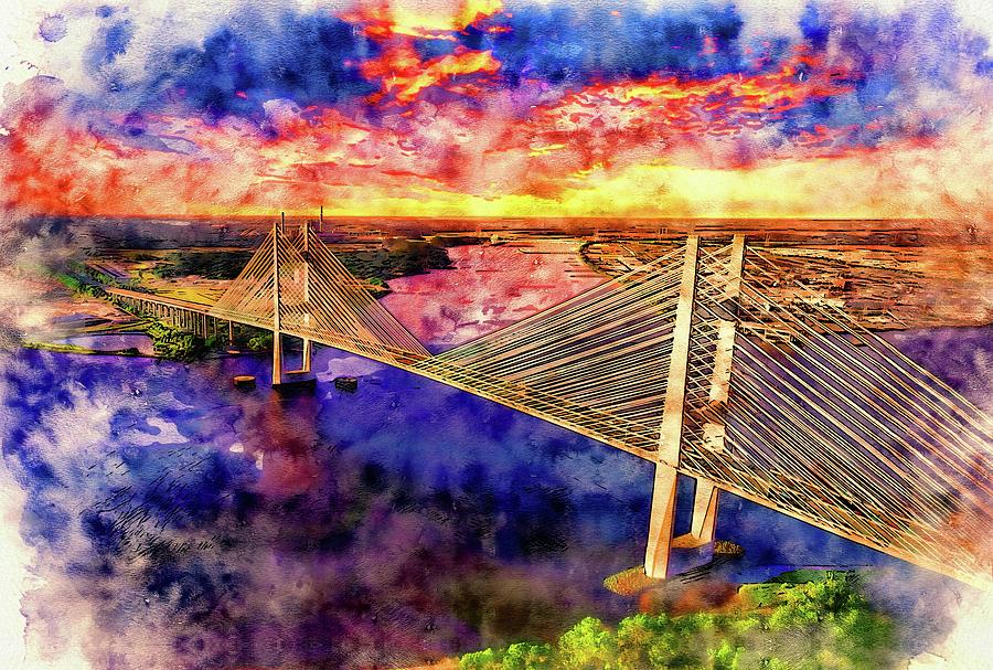Dames Point Bridge, Jacksonville, at sunset - pen and watercolor Digital Art by Nicko Prints