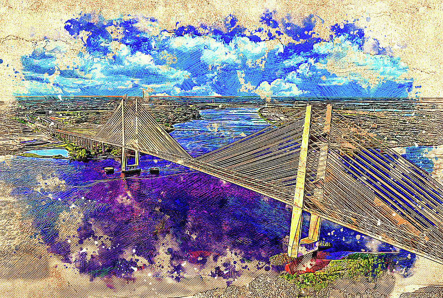 Dames Point Bridge, Jacksonville - colored drawing Digital Art by Nicko Prints