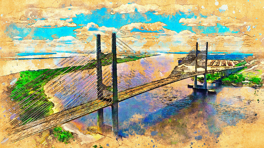 Dames Point Bridge, Jacksonville - digital painting with vintage look Digital Art by Nicko Prints
