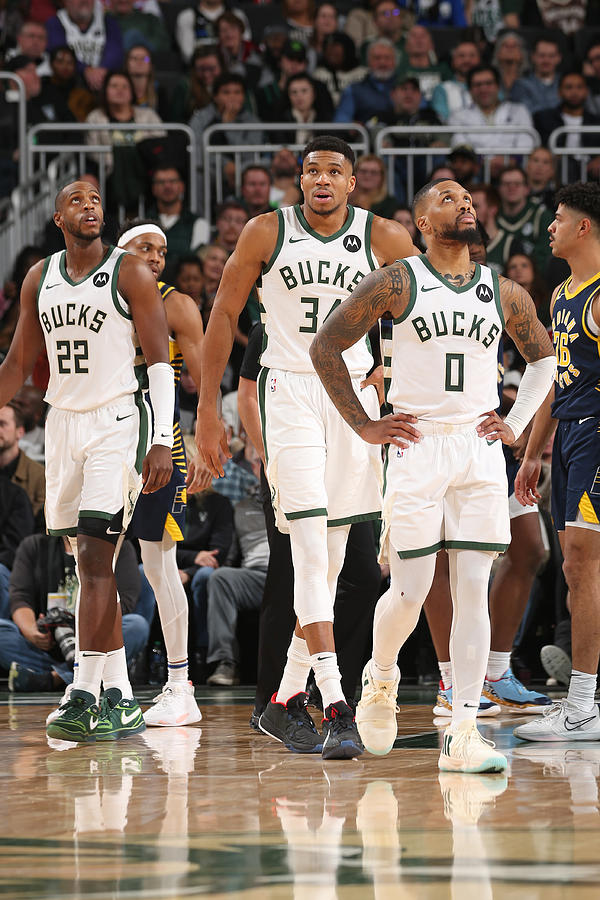 Damian Lillard, Khris Middleton, And Giannis Antetokounmpo Photograph ...