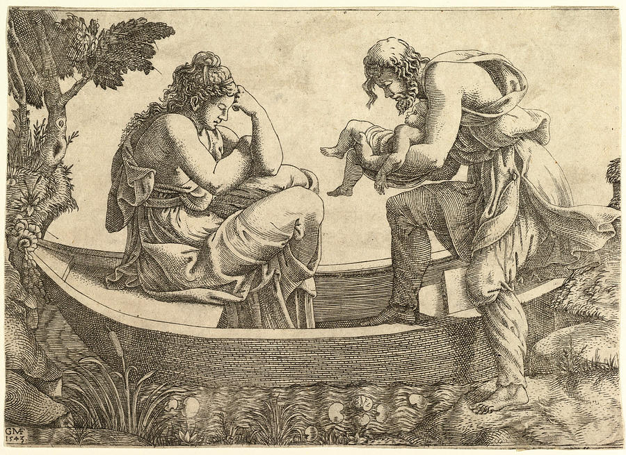 Danae and the infant Perseus cast out to sea by Acrisius Drawing by Giorgio Ghisi