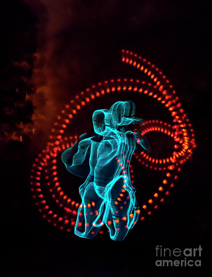 Surr-mysterious Dance -two Blue Dancing Figures Imaginative Cheerful Red Lights Steam Around At Xmas Photograph by Tatiana Bogracheva