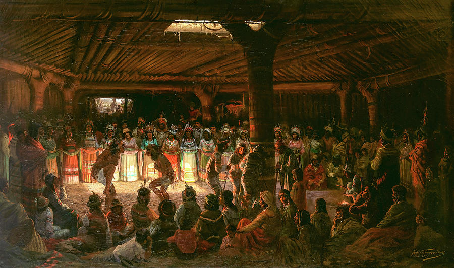 Dance in a Subterranean Roundhouse at Clear Lake, California Painting by Jules Tavernier