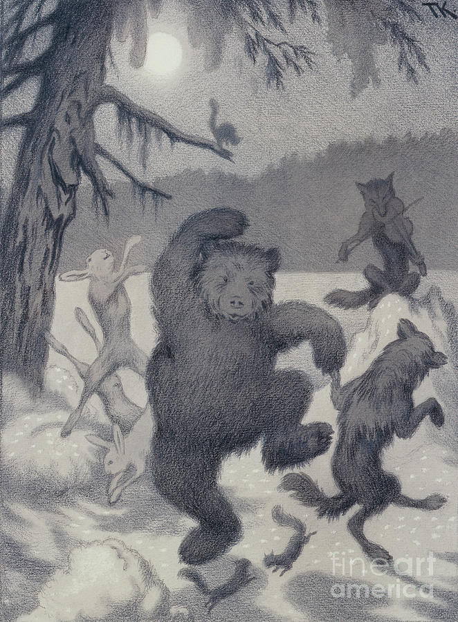 Dance in the moonlight, the winter fairy-tale Drawing by O Vaering by Theodor Kittelsen