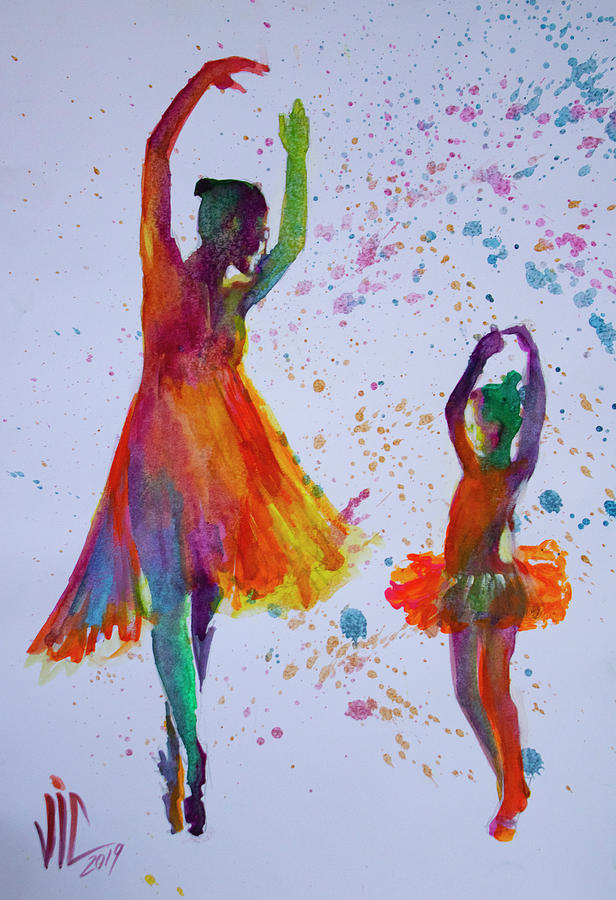 Dance lesson colourfull balerinas watercolor by Vali Irina Ciobanu Painting by Vali Irina Ciobanu