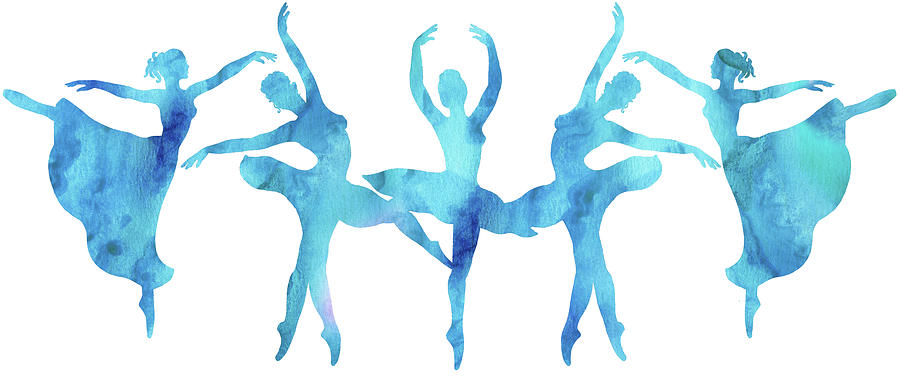 Dance Of Teal Blue Watercolor Ballerinas Silhouette  Painting by Irina Sztukowski