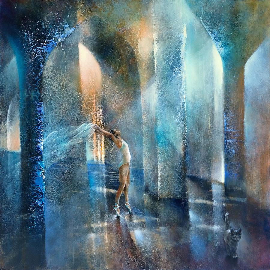 Dancer and cat in the light Painting by Annette Schmucker