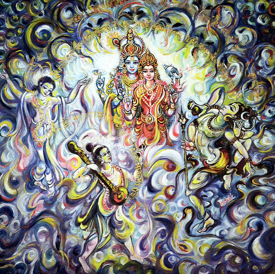 Flute Painting - Dancing and Chanting for Vishnu Lakshmi by Harsh Malik
