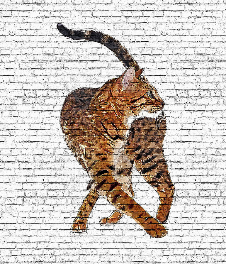 Dancing Bengal Cat - Brick Block Background Painting by Custom Pet Portrait Art Studio