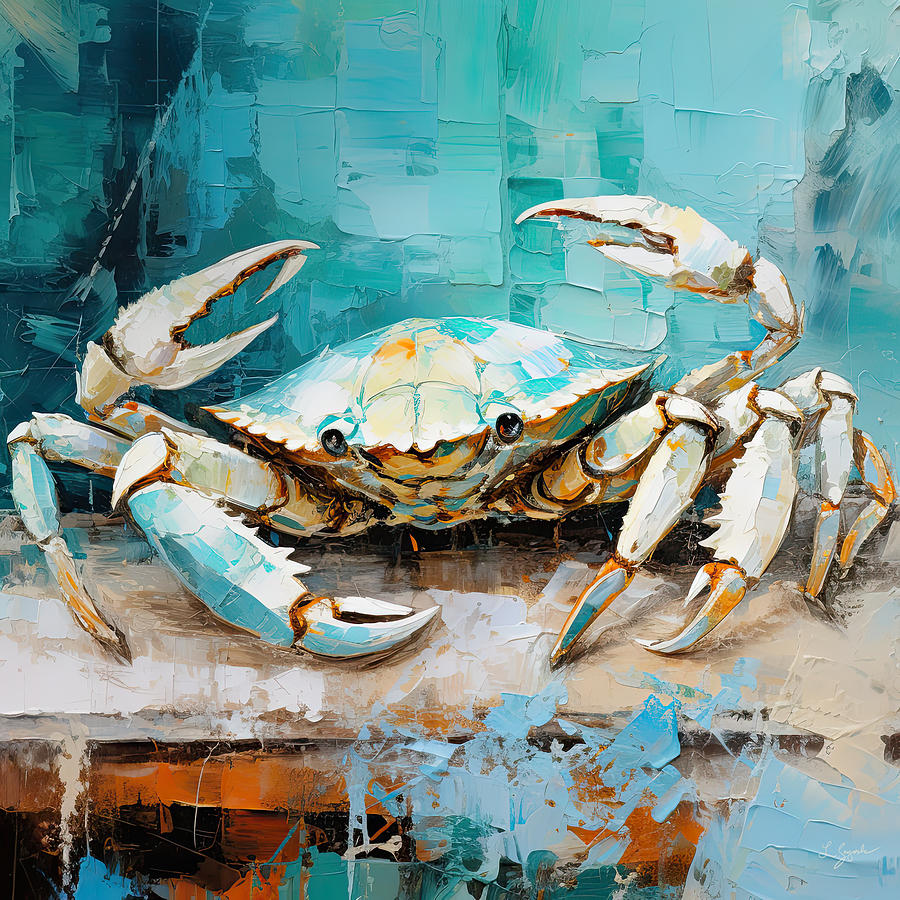 Dancing Crab - Teal Paintings  Painting by Lourry Legarde