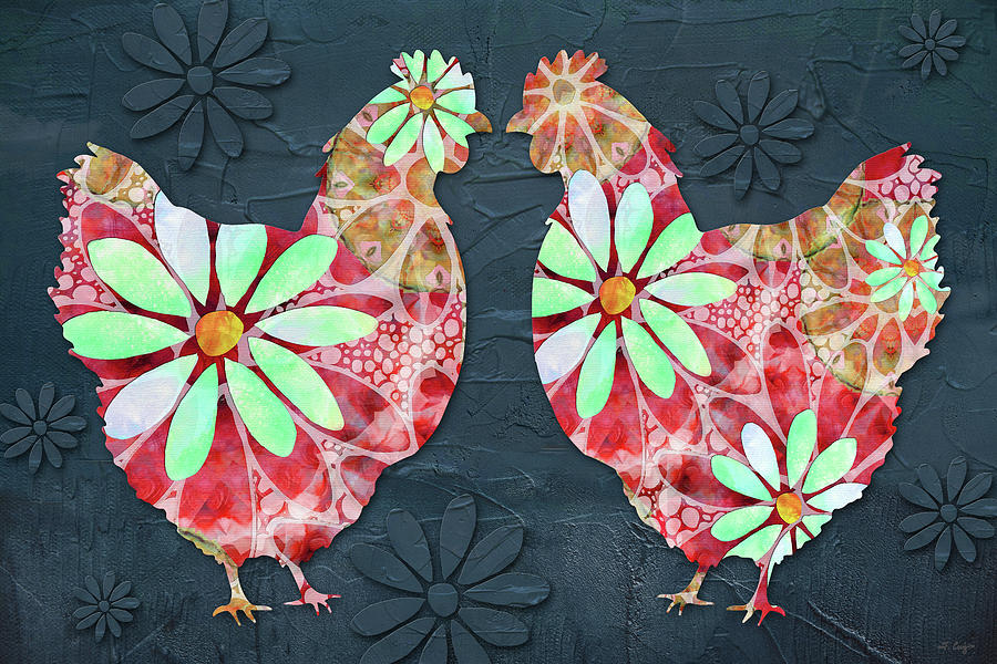 Dancing Daisies Chickens Art Painting by Sharon Cummings