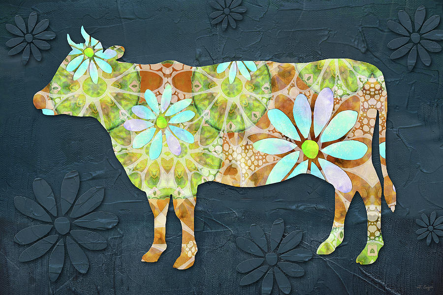 Dancing Daisies Cow Art Painting by Sharon Cummings