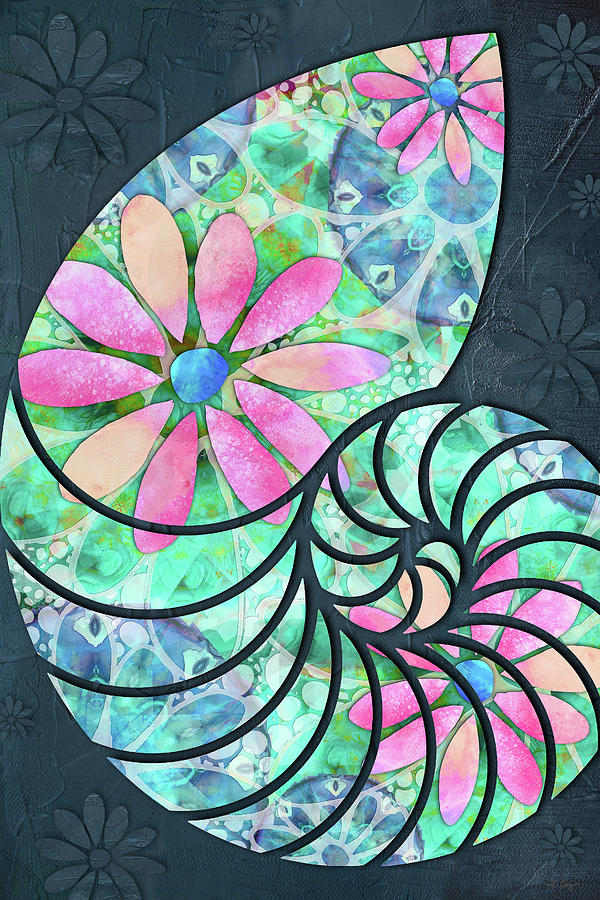 Dancing Daisies Nautilus Shell Art Painting by Sharon Cummings