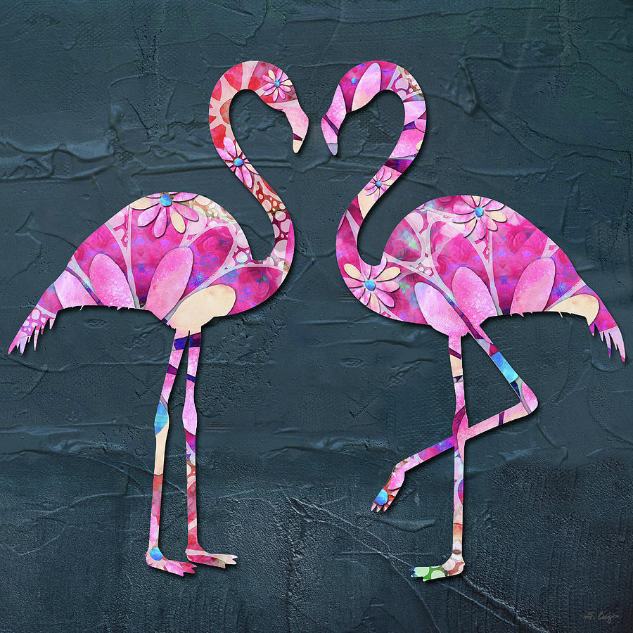 Dancing Daisies Pink Flamingos Art Painting by Sharon Cummings
